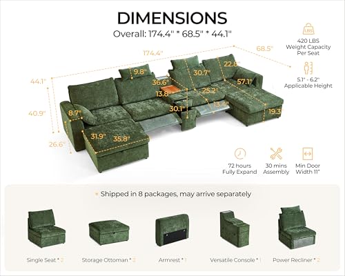 Image of 174.4'' Oversized Modular Power Recliner Sofa with Headrest, Deep Cloud Couch with Table, Charging Cup Holders, Convertible U-Shaped 6-Seater Sectional with 2 Storage Ottomans, Chenille, Green