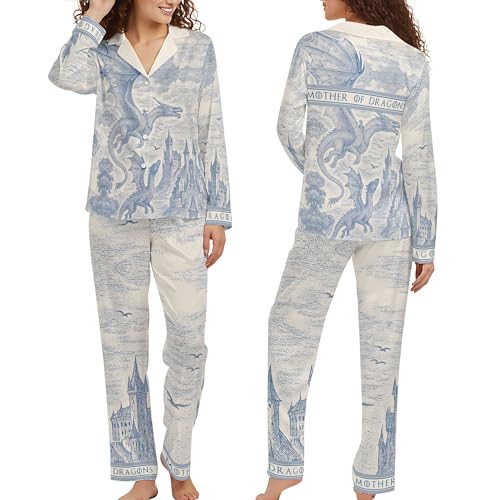 Dragons Pajama Set Vintage Fantasy Sleepwear with Castle and Dragon Print Inspired by Aesthetic - Pjs Gifts For Movie Lovers (2XL)