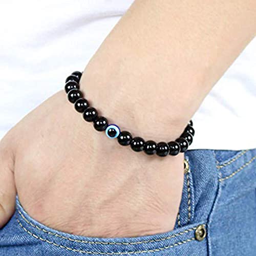 Image of THUNDERSTORM Unisex-Adult Reiki Black Tourmaline With Evil Eye Bracelet Naturally Energized Fengshui Stretchable Bracelet Remove Negative Energy Bring Luck And Prosperity
