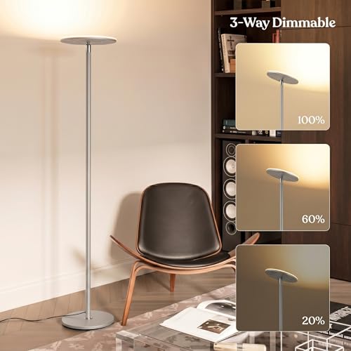 Image of Brightech Sky LED Floor lamp, Torchiere Super Bright Floor Lamp for Living Room Decor & Office - Dimmable, Tall Standing Torch Lamp with Warm Light for Bedroom & Reading - Platinum Silver