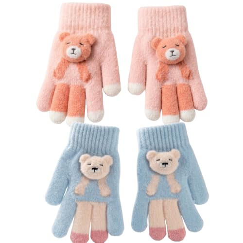 Image of Kids Winter Woolen Hand Gloves for Girls (Age 8-12 Years) | Soft Warm Knitted Gloves | Cute Teddy Bear Design | Cold Weather Gloves