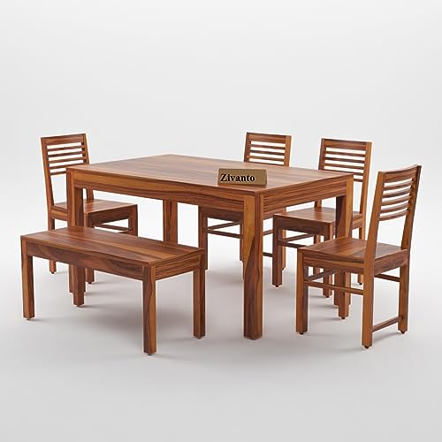 Image of Sheesham Wood Dining Table 6 Seater | Rectangle Six Seater Dinning Table with 4 Chairs & 1 Bench for Home | Wooden Kitchen Dinner Table 6 Seater | Dining Room Sets for Restaurants, Teak Finish