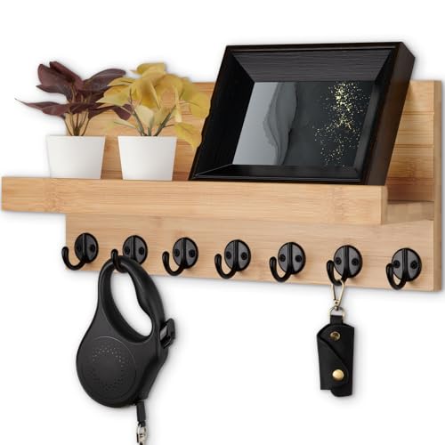 Lwenki Key Holder Wall Mount, Entryway Key and Mail Holder with 7 Sturdy Hooks for Sunglasses, Dog Leash, Decorative Wall Shelf with Mounting Hardware, 15”W x 6.7”H x 4.2”D