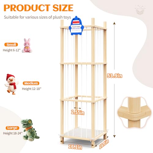 Image of Stuffed Animal Storage & Toy Organizer 3 Layers 54 in Wooden Toy Holder | Large Natural Pine Plushies with Elastic Bands & Mesh Net Space aving Design for Toddler Rooms, Playrooms & Bedrooms