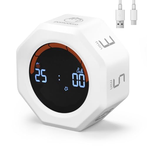 Image of Small Productivity Timer - Pomodoro Timer with 3 /5 /10 /25 /60 Min Presets & Custom Countdown | Magnetic Rechargeable Digital Clock for Desk, Study and Games (White)