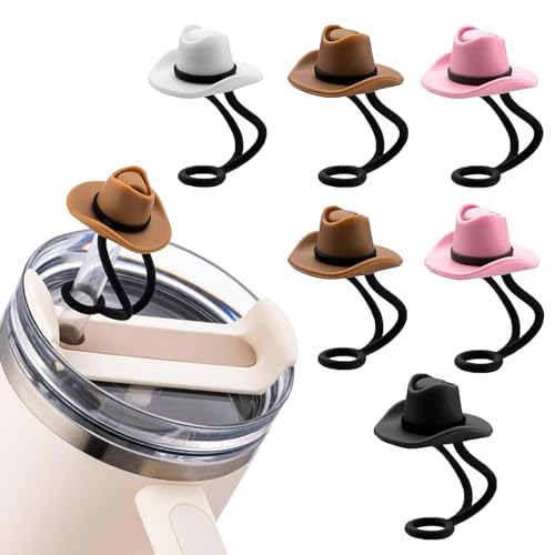 6 Pack Silicone Cowboy Hat Straw Covers Cap Compatible with Stanley Cup 30 40 oz, Cute Funny Tumbler Straw Topper Accessories, Silicone Straw Toppers Cowboy Hat for Man & Woman Gift