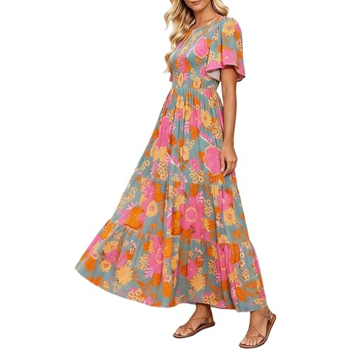 Robe d'été longue fleurie à manches courtes pour femme