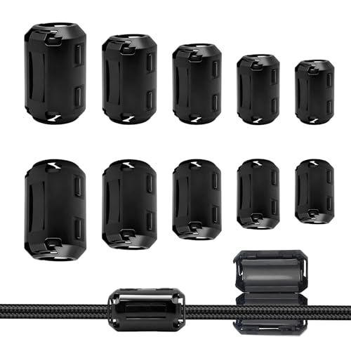 Sissatthai 20 Pieces Ferrite Bead Clip-on Ferrite Core RFI & EMI Filter, Black Ferrites Choke Noise Suppressor Ring Cable Clip Clamp for 3mm/5mm/7mm/9mm/13mm ID