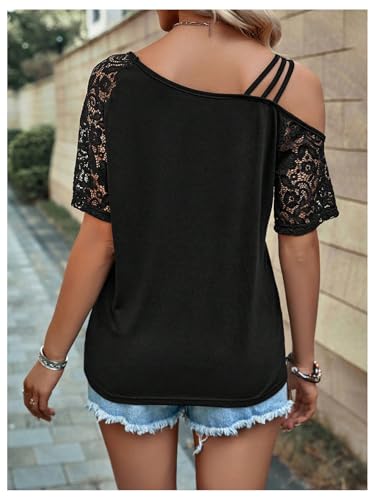 SweatyRocks Women's Cold Shoulder Asymmetrical Tops Cut Out Animal Print Floral Lace Graphic T Shirt2