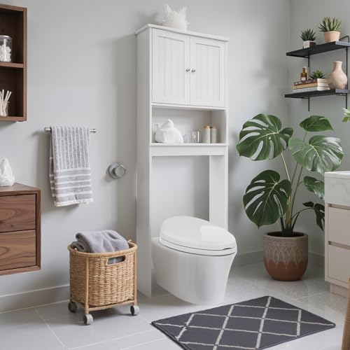 Homajor Over The Toilet Storage Cabinet, Behind Toilet Bathroom Organizer with Adjustable Shelves, Wooden Above Toilet Storage Shelf, Space Saver for Restroom, Bathroom, Laundry