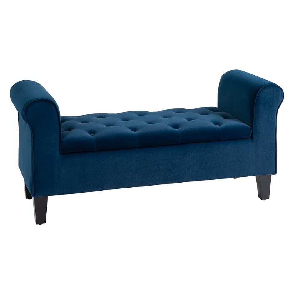 Button-Tufted Storage Ottoman, Fabric Upholstered Bench with Armrests Couch pouffe Puffy for Bedroom, Entryway, Living Room, (Blue)