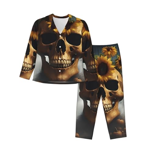Pyjama femme 2 pièces manches longues motif tournesol et tête de mort Halloween