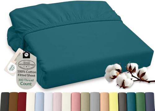 Image of ROYALE LINENS 300 Thread Count 100% Long Staple Combed Cotton Fitted Sheet Twin - Super Soft Deep Pocket Bottom Sheet - Fitted Sheets Only - Elastic Sheets (Twin, Teal)