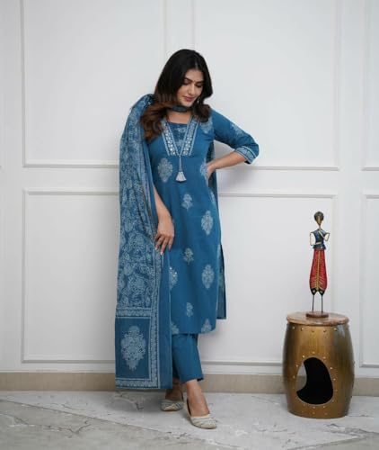 Image of PARTHVI|Women's Pure Cotton Printed with Handwork Kurta with Pants and Dupatta Set | Ethnic Set | Suit Set | Kurta Set | Wedding Suit Set