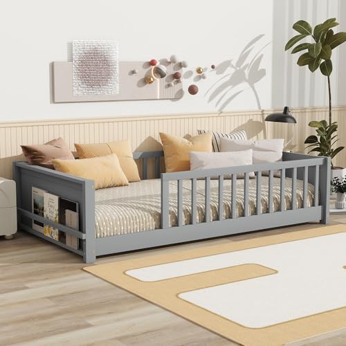 Image of Twin Size Kids Montessori Floor Bed,Twin Floor Bed Frame with Slats and Bookcase,Solid Wood Montessori Bed for Girls Boys,Grey