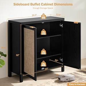 Sicotas sideboard buffet storage cabinet boho rattan wood credenza large coffee bar cabinet with storage accent liquor cabinet buffet table for kitchen dining living room entryway black  urban country home decor