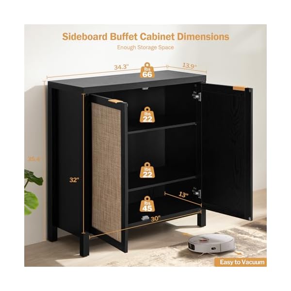 Sicotas sideboard buffet storage cabinet boho rattan wood credenza large coffee bar cabinet with storage accent liquor cabinet buffet table for kitchen dining living room entryway black  urban country home decor