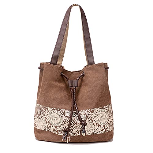 Image of Women Shoulder Bag Canvas Tote Bag Retro Drawstring Bucket Bag Ladies
