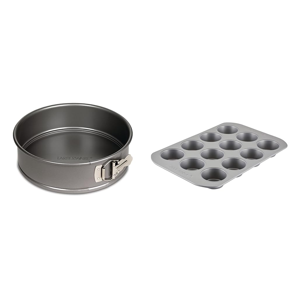 Farberware Bakeware Springform Baking Pan, Round Nonstick Cheesecake Pan - 9 Inch, Gray & Nonstick Bakeware 12-Cup Muffin Tin/Nonstick 12-Cup Cupcake Tin - 12 Cup, Gray