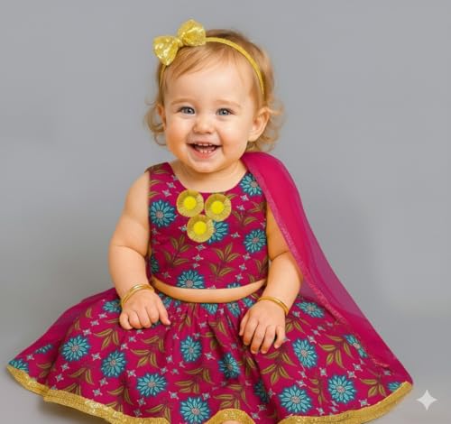 Image of A.T.U.N. (ALL THINGS UBER NICE) Baby Girls Cotton Ethnic Floral Lehenga Choli Set with Lace & Dupatta | Traditional 3-Piece Festive Outfit for Kids