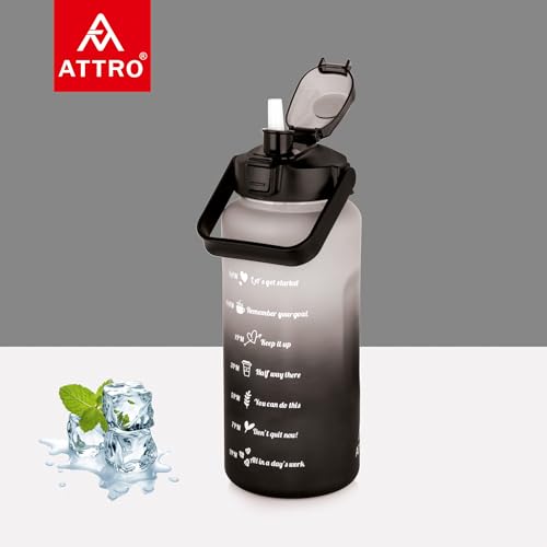 Image of ATTRO Motivational 2 Liter Quotes & Time Marker Dual Colour Sports Bottle With Easy to Carry Handle & Straw BPA Free, Leak Proof for Gym, Office, Workout- Black Grey, Plastic