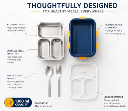 Image of Misamo Enterprise Stainless Steel Lunch Box for Kids & Adults, 3 Compartment Lunch Box, Leak Resistant Food Grade Tiffin Box with Spoon & Fork, BPA Free (Blue)