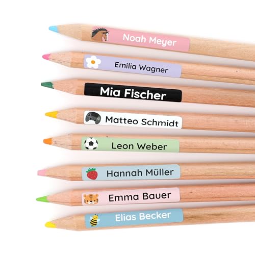 Klebekerlchen Namensaufkleber Kinder (75 Stück) - für Schule & Kindergarten - mit Namen personalisierte Aufkleber für Stifte & Schulsachen - wasserfest