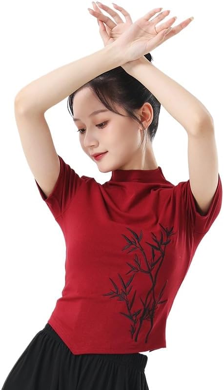 HEARTTOUCH Women Modern Dance Top Embroidery Ballet Wrap Top Chinese Style Shirts Yoga Gym Crop Tops Teen Girls Pullover