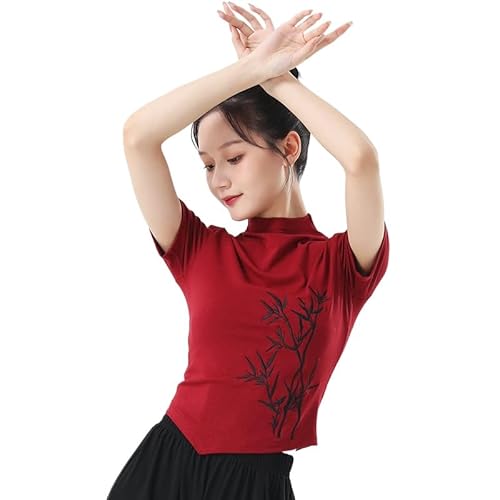HEARTTOUCH Ballettjacke Damen Stickerei Tanzjacke Vintage Wickel Tops Kurzarm Ballett Yoga Oberteil Wickelbluse Tanzshirt Slim Fit Gym Tops Tanzbekleidung (Rot,XL)