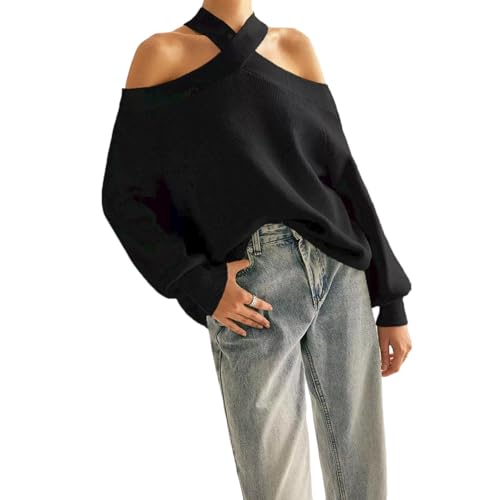 HodJIU Pull Tricoté Hiver & Automne Femme à Encolure Croisée et Épaules Dénudées, Coupe Ample, Manches Longues, Couleur Unie Blanc et Noir, Tailles S-L...