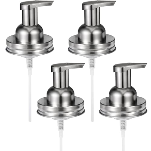 Amolliar Mason Jar Foaming Soap Dispenser Pump, Refillable Plastic Pump, Rustproof Stainless Steel Lid for Regular Mouth Jar, Cute Farmhouse Decor, Soap for Bathroom, Kitchen, Brushed Nickel 4 Pack