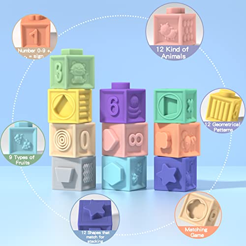 Temi Baby Toys Blocks, Soft Stacking Building Blocks Educational Teethers Toy Squeeze Play With Numbers Shapes Animals Fruit And Textures 6 Months And Up 12Pcs #TOP4