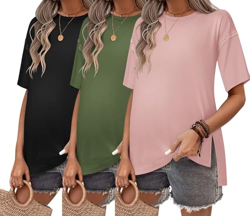 Ekouaer Maternity Shirts 3 Packs Short Sleeve Womens Oversized Pregnancy Tops Split Side Postpartum Blouse Clothes Black/Army Green/Dirty Pink L