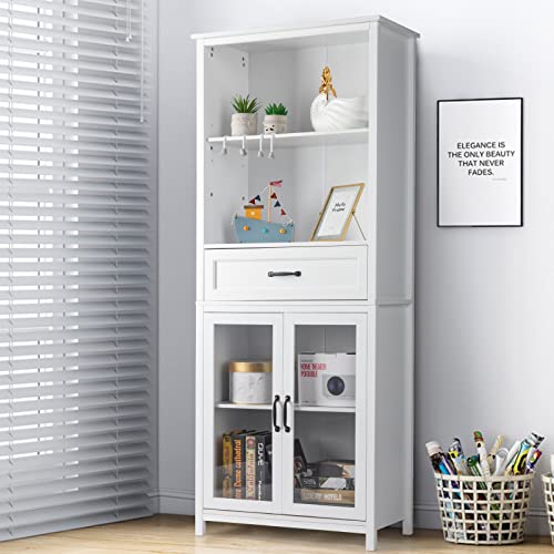 American Country Bookcase With Doors And Shelves - Bookshelf With Large Middle Drawer - Upper Shelf And Lower Two-Door Cabinet - Mdf Spray Paint Tall Storage Organizer For Home And Office - White #TOP1