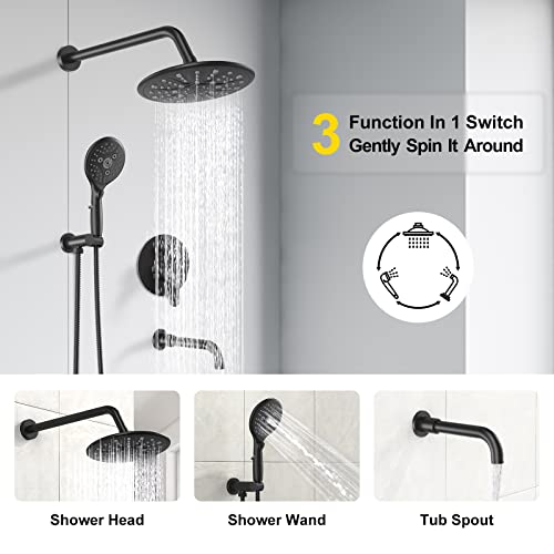 Suncleanse Tubs Shower Faucet Sets: Wall Mounted 8.5" Rainfall Head System - 7-Spray High Pressure Handheld Complete Combo - Valve With Trim Kit - Matte Black Bathtub Spout For Rain Luxury Bathroom #TOP2