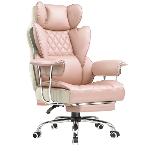COMHOMA Big and Tall Office Chair, High Back Leather Gaming Chair with Footrest, Executive Ergonomic Office Chairs with Pocket Spring Lumbar Support and with Outward Fixed Soft Armrests