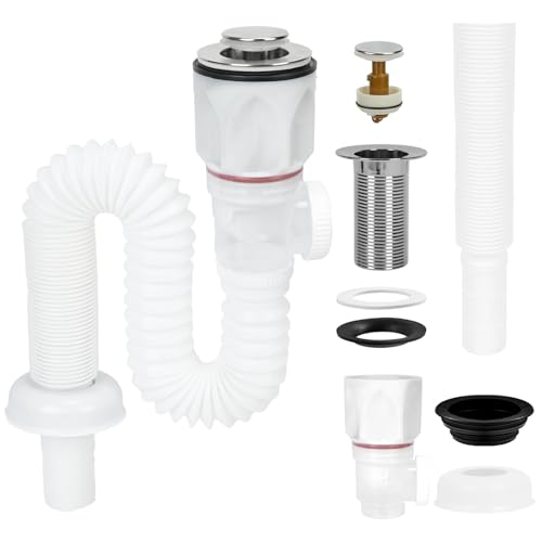 FALSKT Bonde de Lavabo Siphon Lavabo Kit Syphon Lavabo Salle de Bain Siphon Evier Cuisine Evacuation Evier avec Tuyau de Vidange Rétractable et Bouchon...