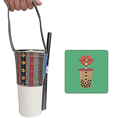 Image of Portable Coffee & Boba Cup Sleeve Strap w /Straw Loop (Ethnic Pattern)