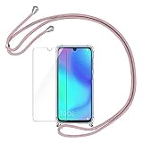 AROYI Funda con Cuerda Compatible con Huawei P30 Lite y Protector Pantalla, Carcasa Transparente TPU Silicona Case con Colgante Ajustable Correa de Cordón Compatible con Huawei P30 Lite, Oro Rosa