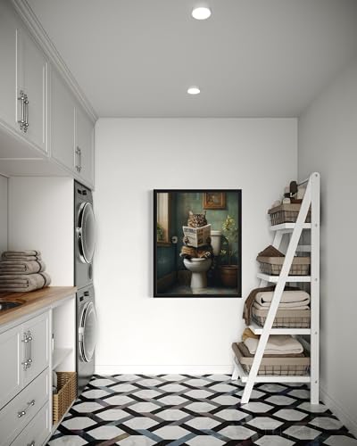 Image of Cat on Toilet Black Framed Wall Art Print Poster, Dog Bathroom Humor Decor Posters Prints for Restroom Home Picture Painting Artwork Gallery 7 (Cat, 20 inchL x 16 inchW, Black Frame)
