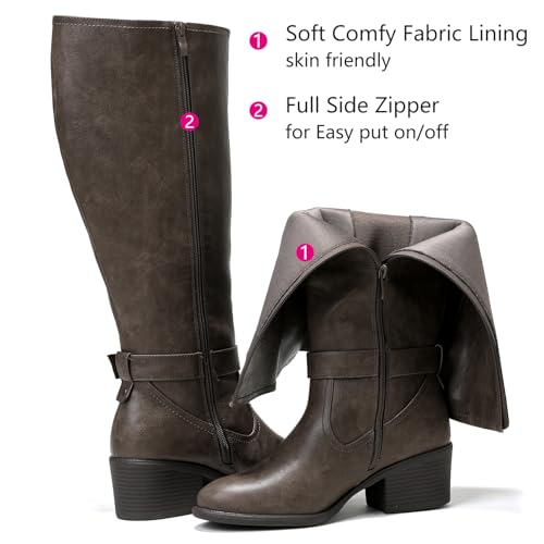 Image of Luoika Women's Extra Wide Calf Heeled Knee High Boots. | Wide Width, Winter Boots, Block Heel, Adjustable Buckle, Round toe