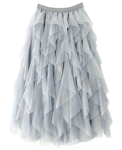 ChicVibes Womens Fairy Tulle Skirts High Elastic Waist Ruffle Mesh Midi Skirt Layered Flowy Skirt for Women