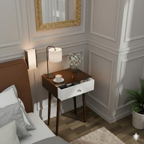 Image of Shoppee Wooden Antique 1- Drawer Wood Side Table Accent End Table for Living Room Solid Wood Leg Classic Bedside Table Nightstand for Bedroom (White)