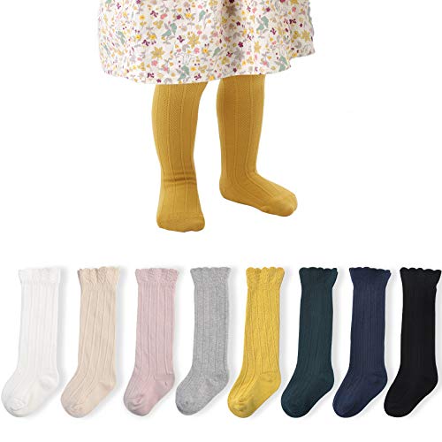 Image of Mini angel Baby Girl Knee High Socks 5/6/8 Pairs Knit Tube Socks Ruffled Hollow out Long Stockings with Bow