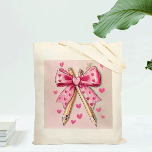 Valentine'S Day Special Lovely Pencil Print Canvas Tote Bag, Reusable Shoulder Tote Bag for Women and Men, Large Durable Canvas Shoulder Bag Perfect for Grocery Work Beach Shopping3