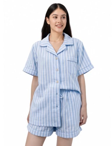 Image of Womens Muslin Pajama Sets 100% Cotton Double Gauze Linen Like Short Pjs | Breathable Soft Comfort Button Up Loungewear Sleepwear PJ Set