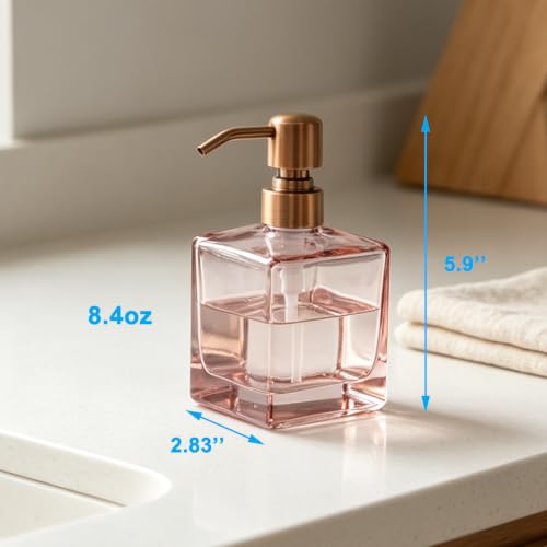 Image of Square Soap Dispenser Glass Blush Pink and Brushed Copper, 8.4oz
