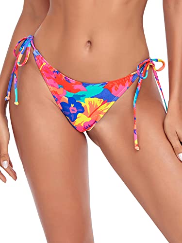 Relleciga Women's Colorful Floral Tie-Side Thong Bikini Bottom Size Medium #TOP5