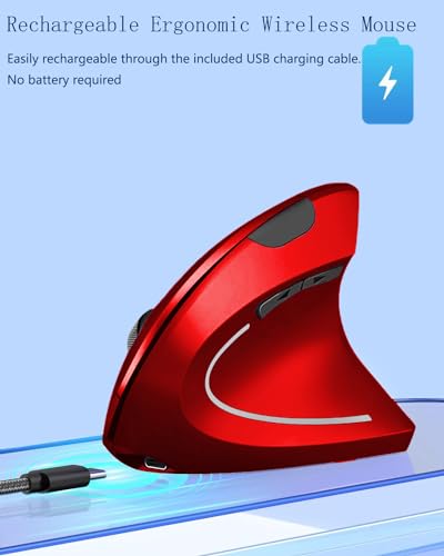BeWishes Ergonomic Mouse, Vertical Wireless Mouse 2.4G Rechargeable Optical Vertical Mouse High Precision Optical Mouse Adjustable800/1200/1600 DPI, for Laptop etc, Red,Specially for Right-handers - Image 2