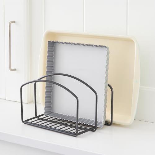 Image of Iron Pan & Pot Lid Organizer Rack - Black 3-Slot Cookware Holder for Cabinets & Pantry, Chopping Board Stand & Space-Saving Kitchen Organizer (9.5 x 8 x 7.25 in)